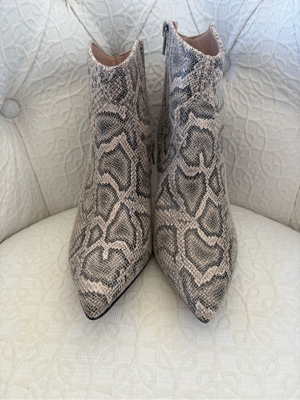 Express Snake-Print Pointed Toe Ankle Booties - Beige/Gray